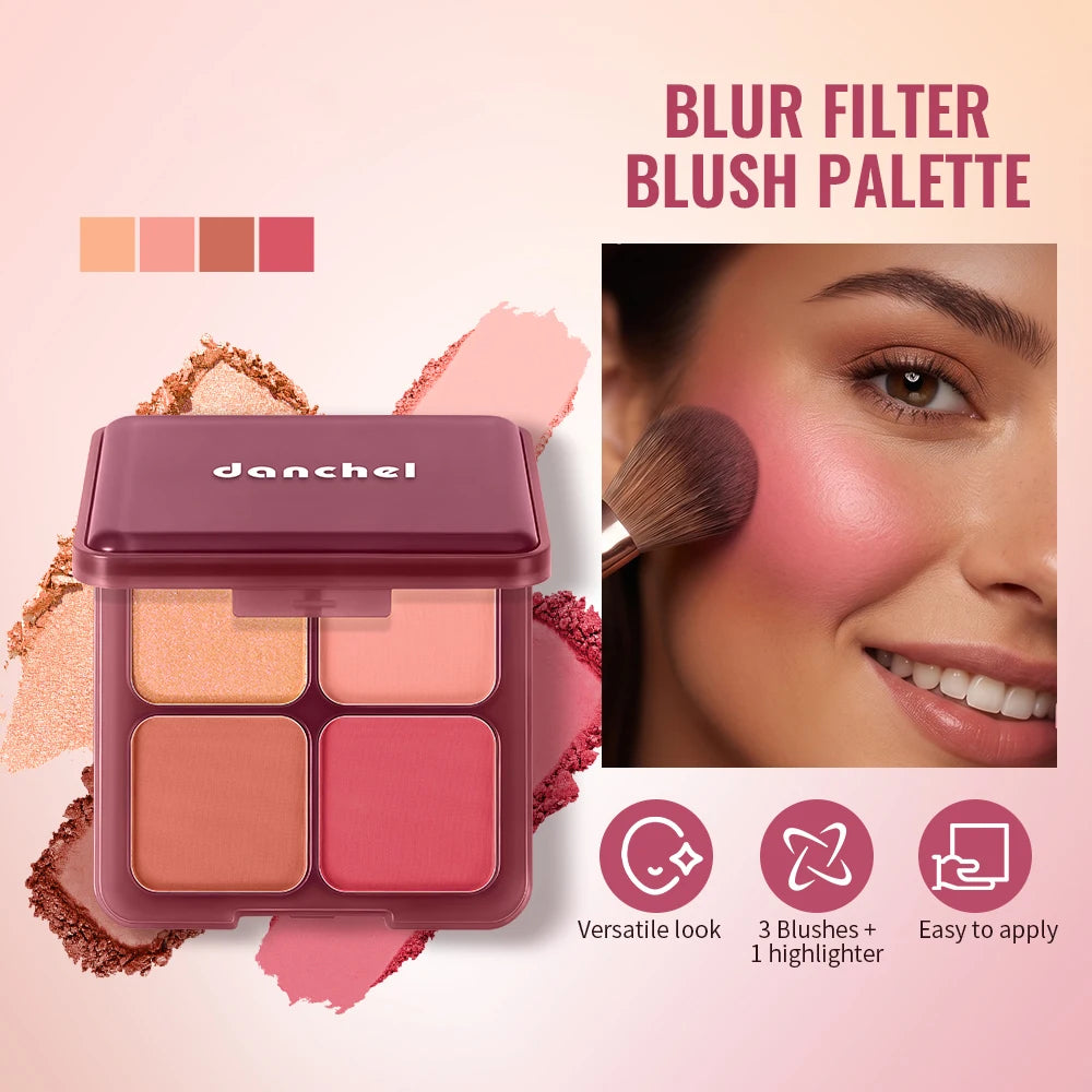 4 Color Blur Filter Blush Palette Matte Cheek Makeup Powder with Brush
