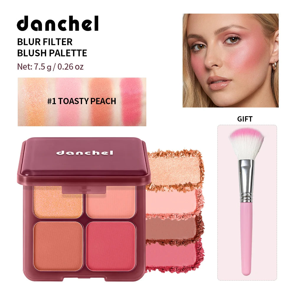 4 Color Blur Filter Blush Palette Matte Cheek Makeup Powder with Brush
