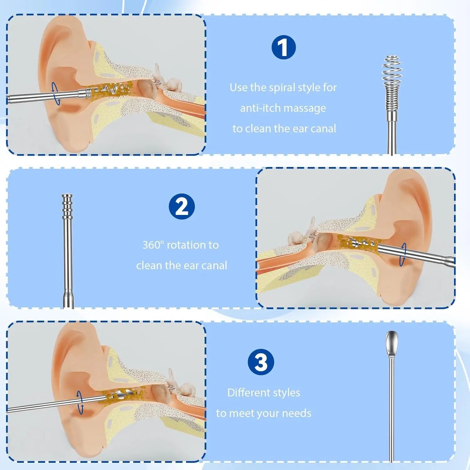 Ear Wax Removal Kit Stainless Steel Ear Pick Cleaning Tool Set - 3