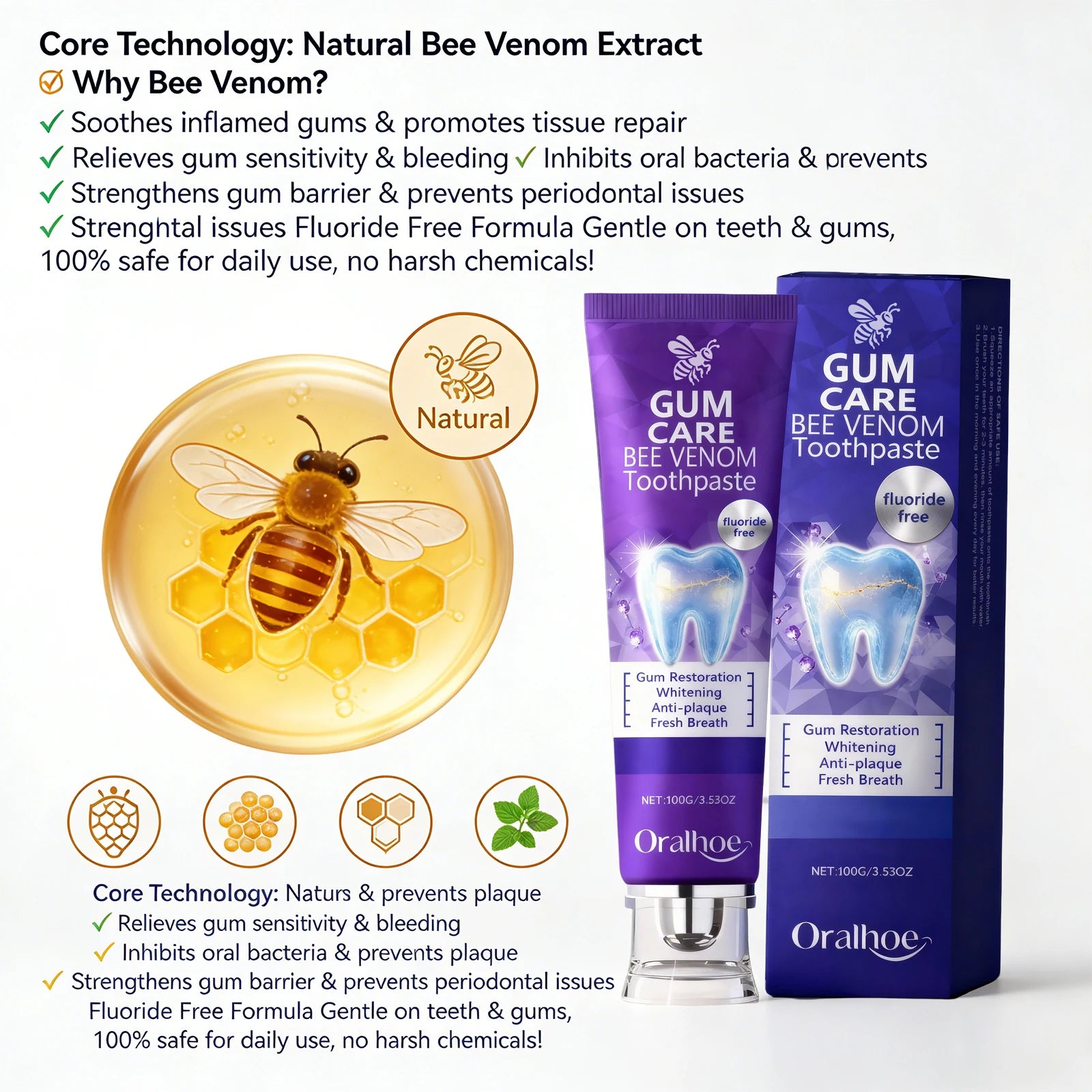 Bee Venom Toothpaste Gum Care and Teeth Whitening Oral Hygiene Cleaner - 3