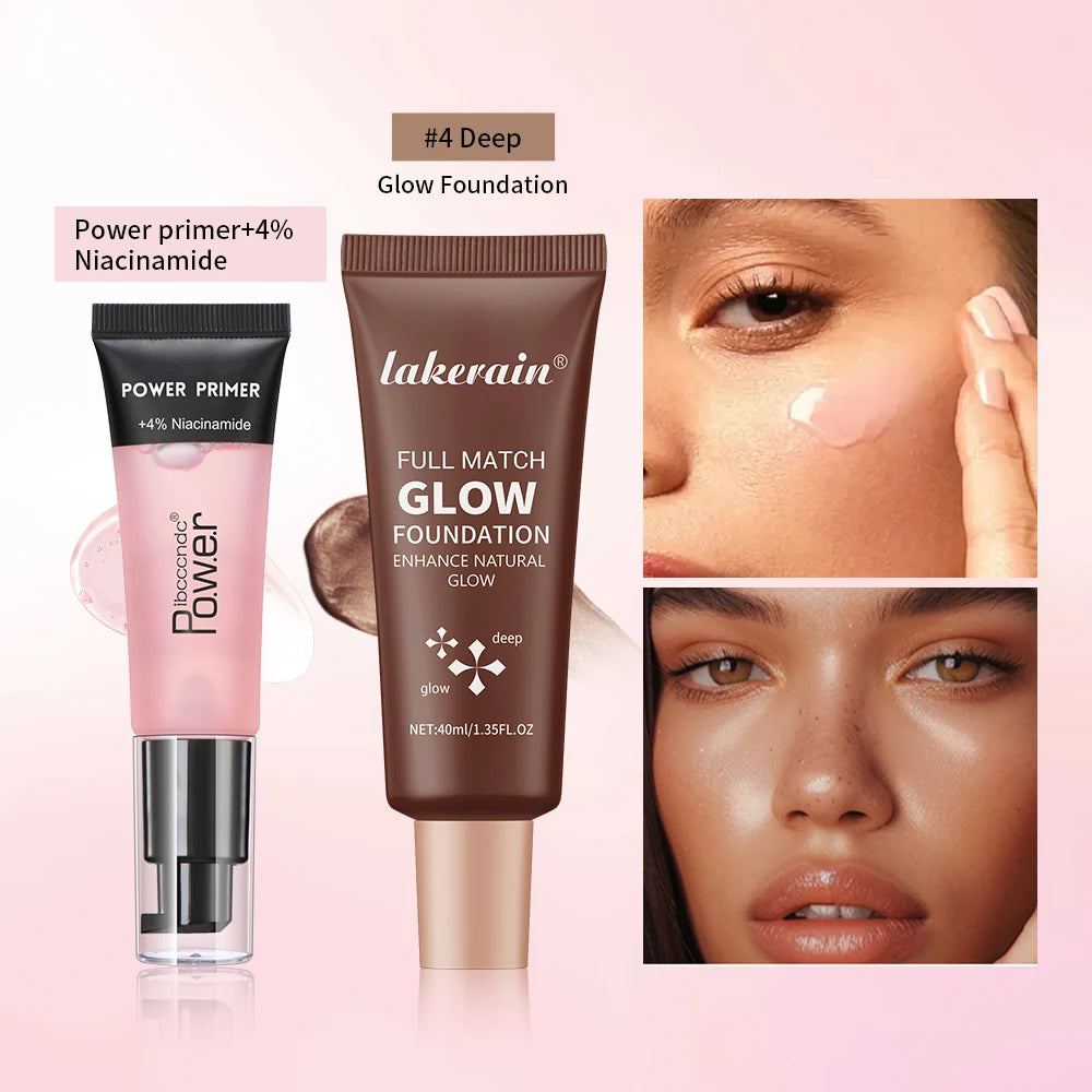 Power Primer and Glow Foundation Makeup Set Hydrating Cosmetic Combo