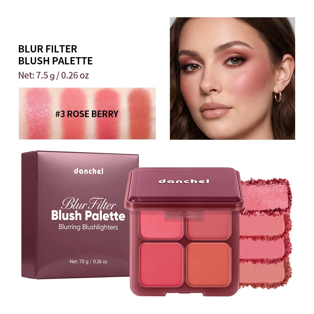 4 Shade Blush Palette Matte and Shimmer Cheek Makeup Compact