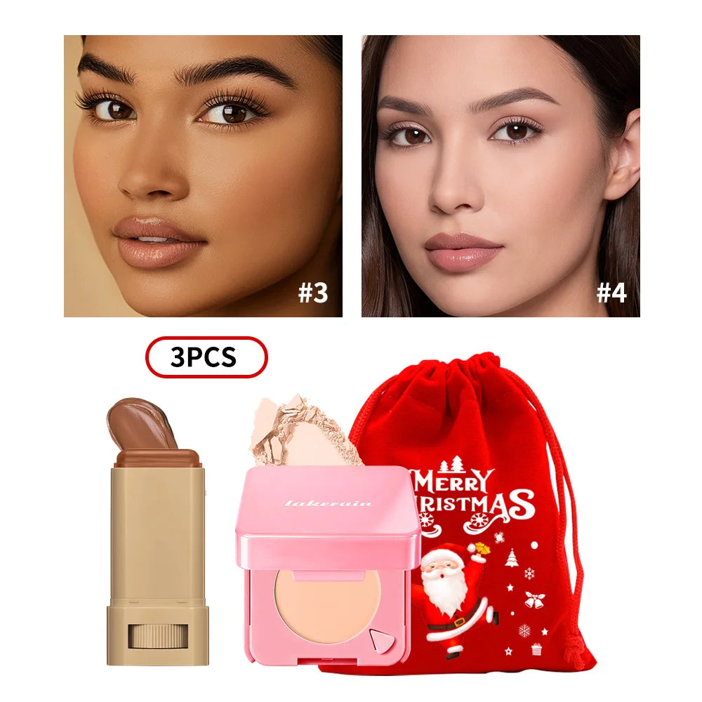 Foundation Stick and Pressed Powder Makeup Set with Cosmetic Pouch