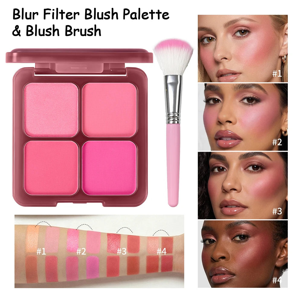 4 Color Blush Palette Matte Face Makeup Powder with Brush