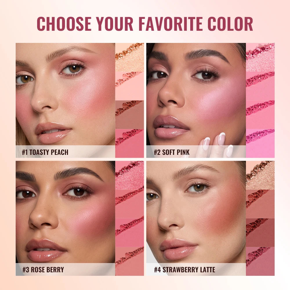 4 Color Blur Filter Blush Palette Matte Cheek Makeup Powder with Brush