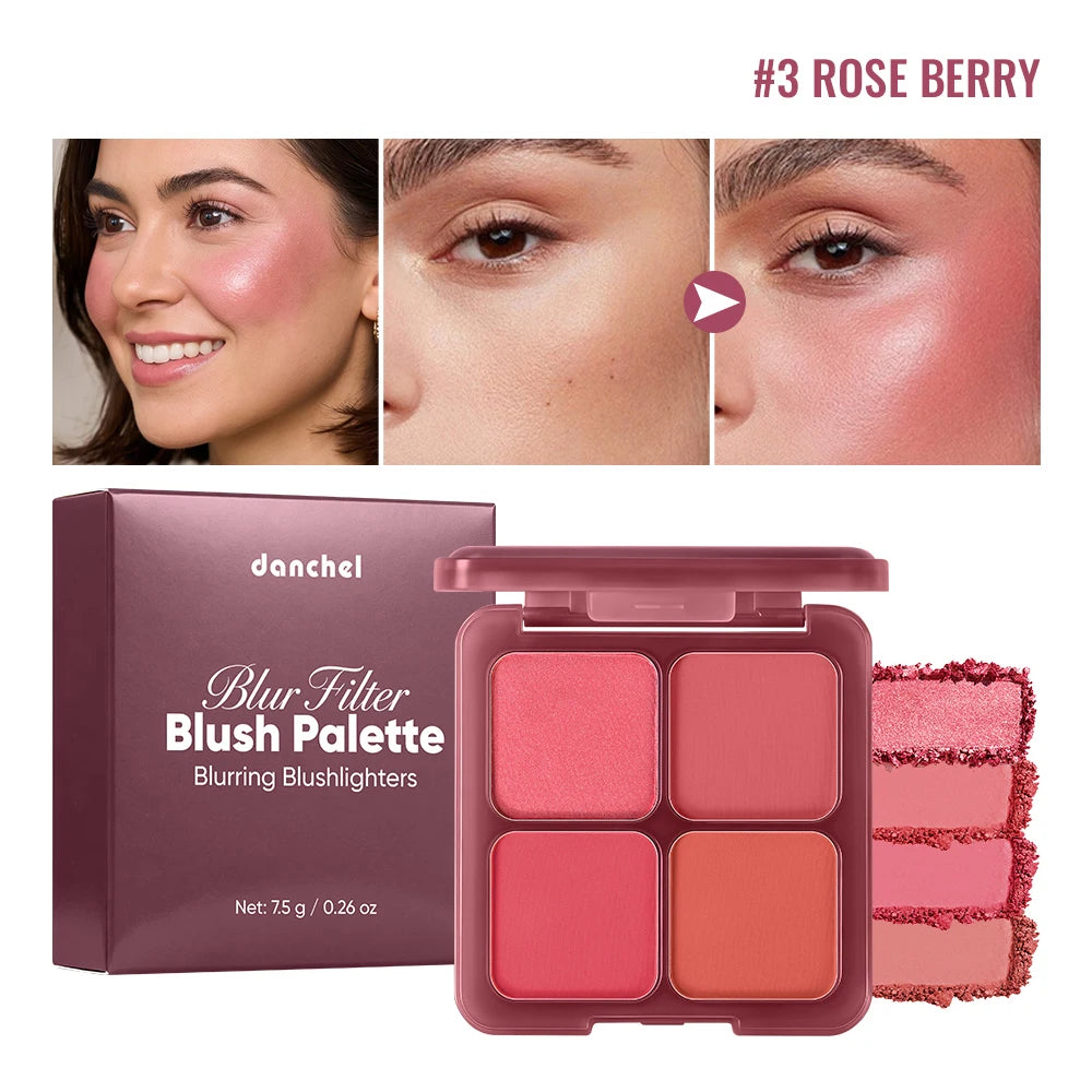 4 Shade Blush Palette Matte and Shimmer Cheek Makeup Compact