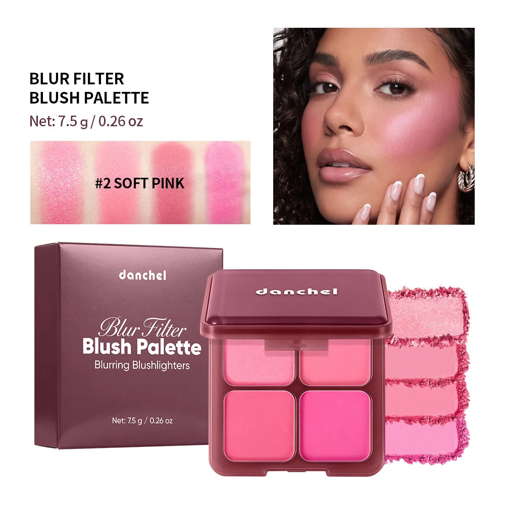 4 Shade Blush Palette Matte and Shimmer Cheek Makeup Compact