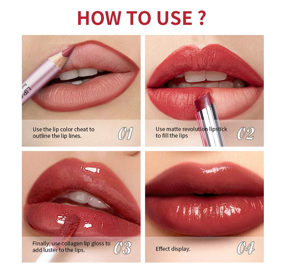 Matte Lipstick and Lip Liner Makeup Set Long Lasting Lip Cosmetic Kit - 14