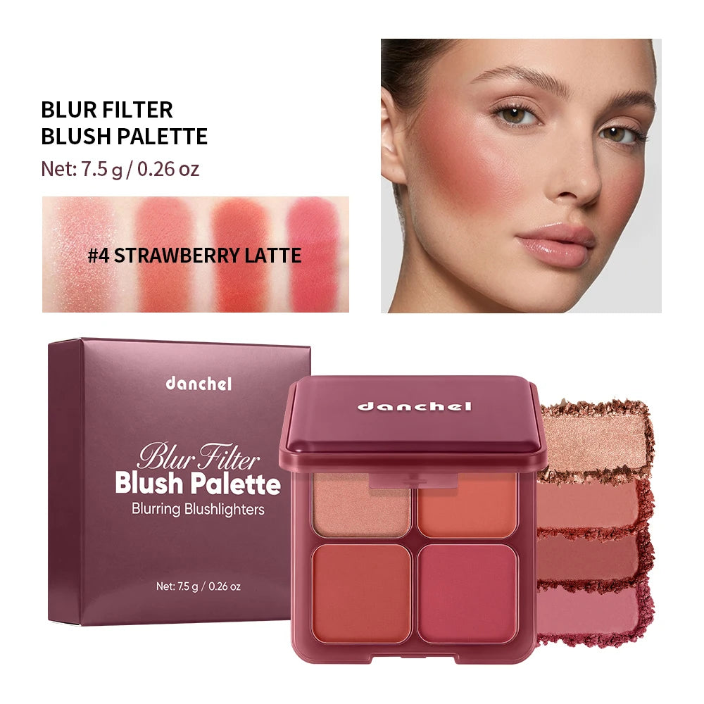 4 Shade Blush Palette Matte and Shimmer Cheek Makeup Compact