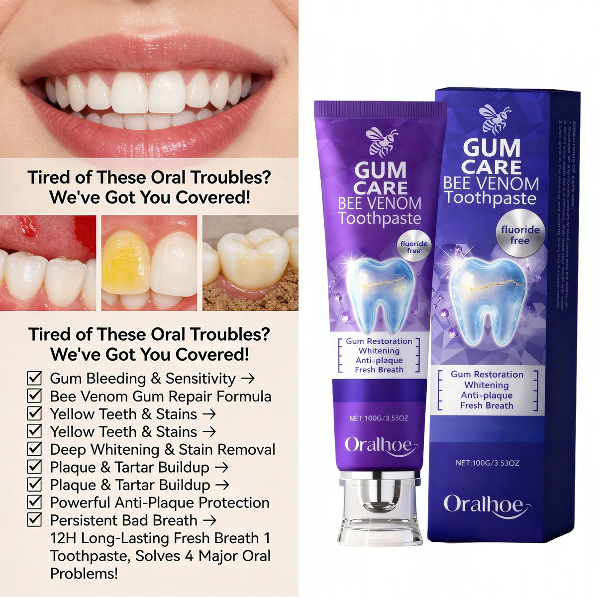 Bee Venom Toothpaste Gum Care and Teeth Whitening Oral Hygiene Cleaner