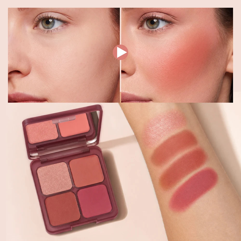 4 Shade Blush Palette Matte and Shimmer Cheek Makeup Compact