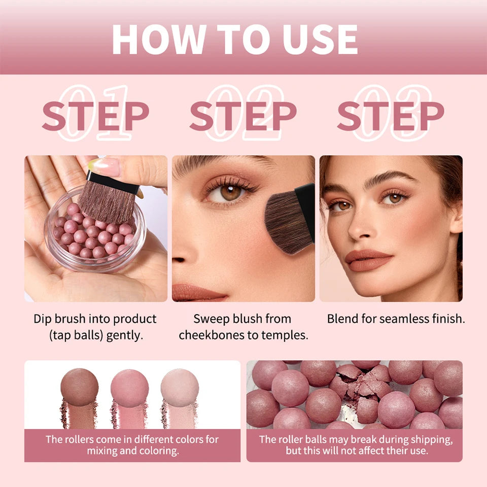 Roller Blush Spherical Powder Beads Shimmer Face Makeup Blusher - 15