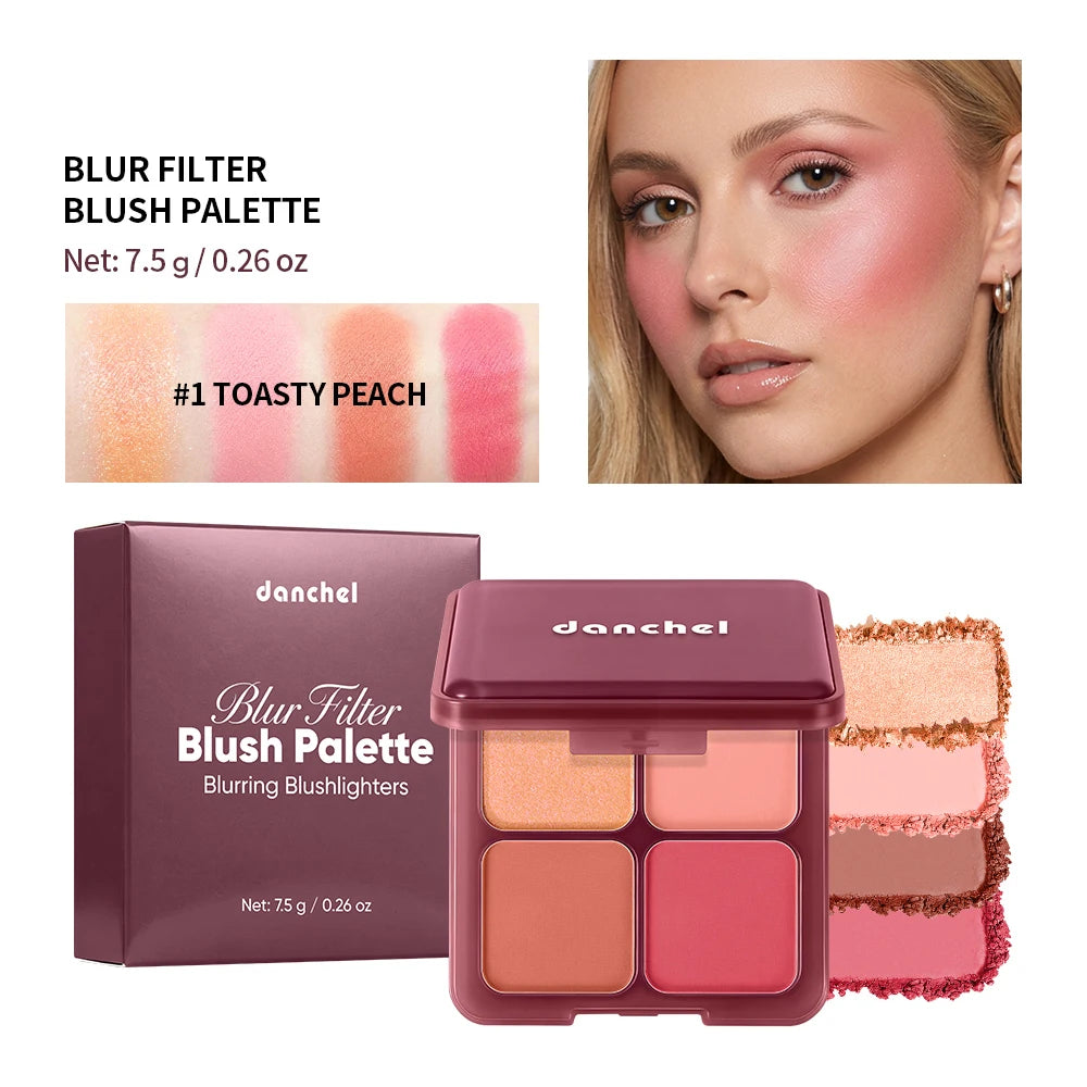 4 Shade Blush Palette Matte and Shimmer Cheek Makeup Compact