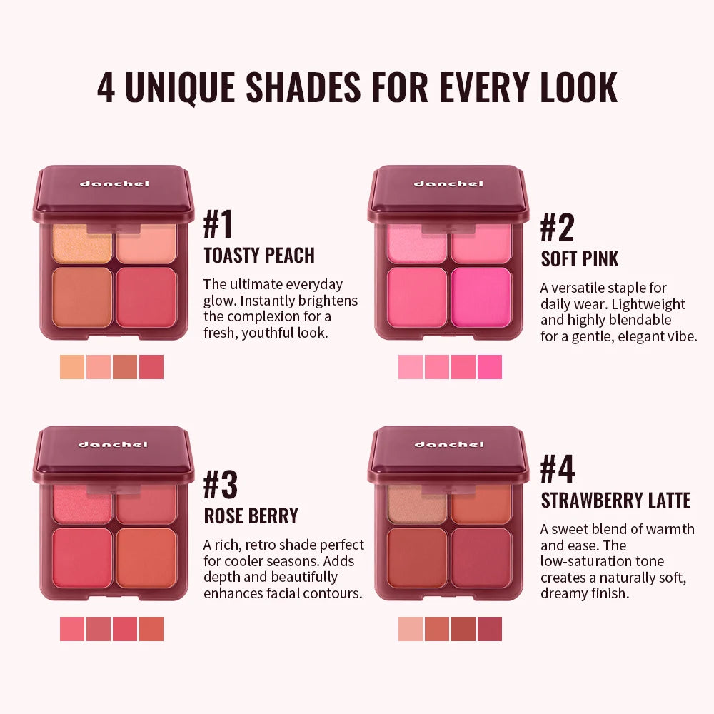 4 Shade Blush Palette Matte and Shimmer Cheek Makeup Compact