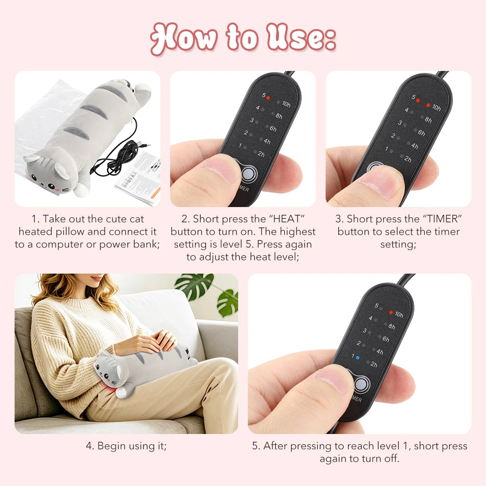 USB Heated Cat Pillow Plush Warming Hot Compress Bolster