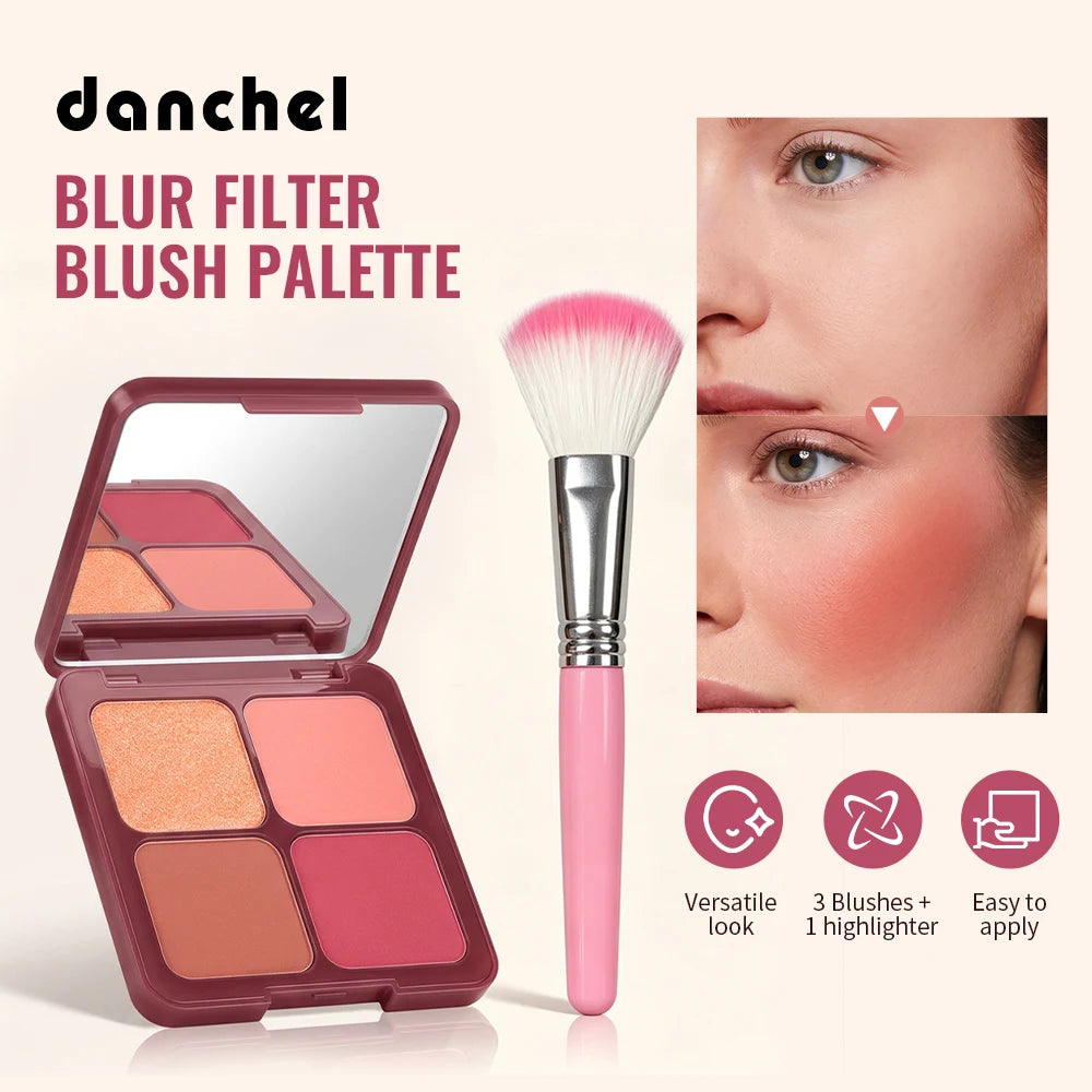 4 Color Blur Filter Blush Palette Matte Cheek Makeup Powder with Brush