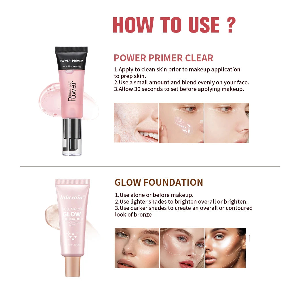 Power Primer and Glow Foundation Makeup Set Hydrating Face Cosmetics